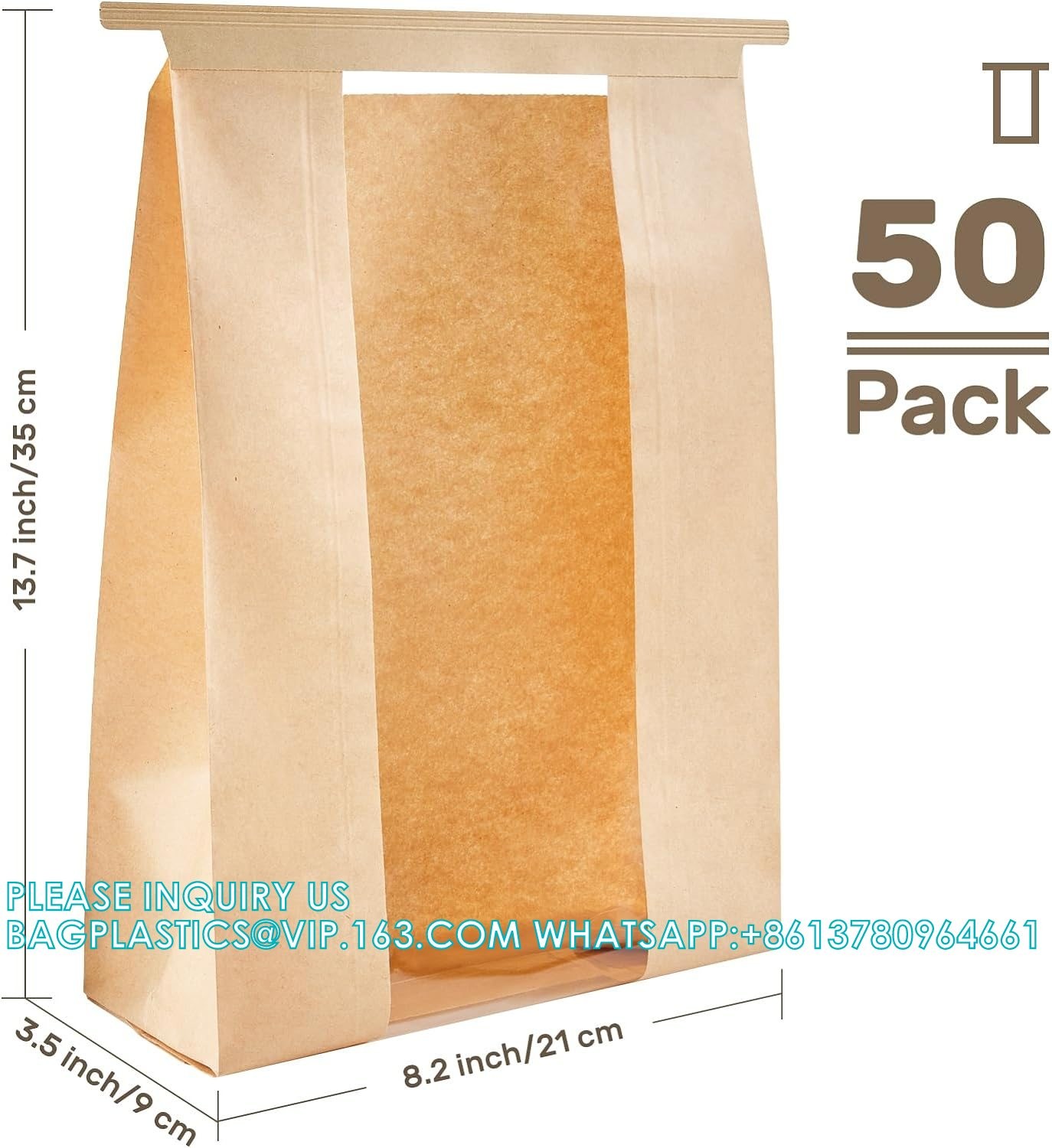 Large Bread Bags, 13.7 X 8.2 X 3.5 Inches Kraft Paper Bakery Bags With Windows Tin Tie Tab Lock Large Bread Bags