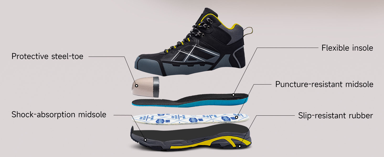 Black Unisex Reflective Strip Safety Boots with PU Rubber Sole for Anti-proof Work Shoes
