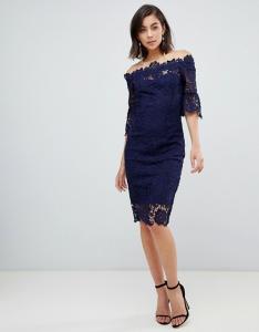 Buy cheap custom make off shoulder frill sleeve navy crochet dress product