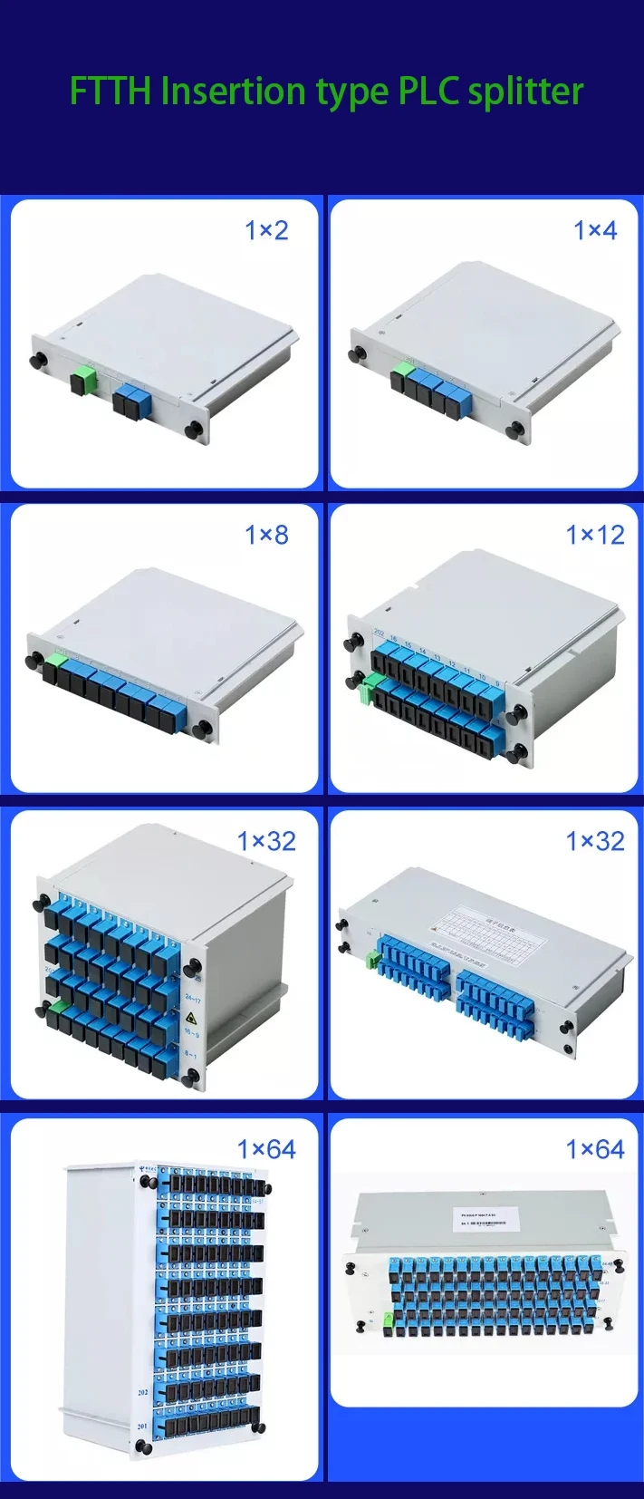 Fiber Optical PLC Splitter in ABS Box for FTTH SC/UPC 1x2 1x4 1x8 1x16 Network Device