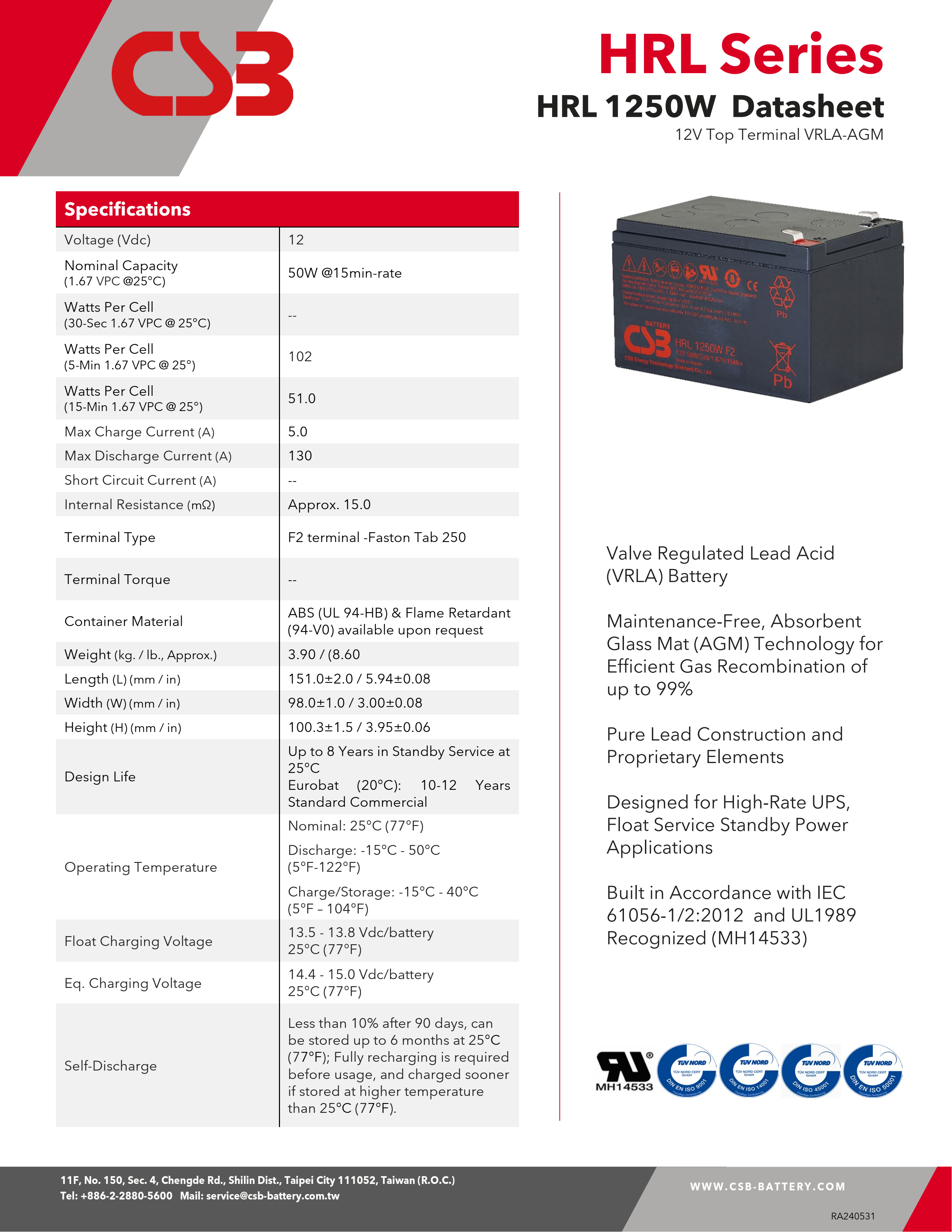 CSB Battery HRL1250W 12V 50W High Performance Rechargeable Lead-Acid Dry Gel Batteries for Electric Power