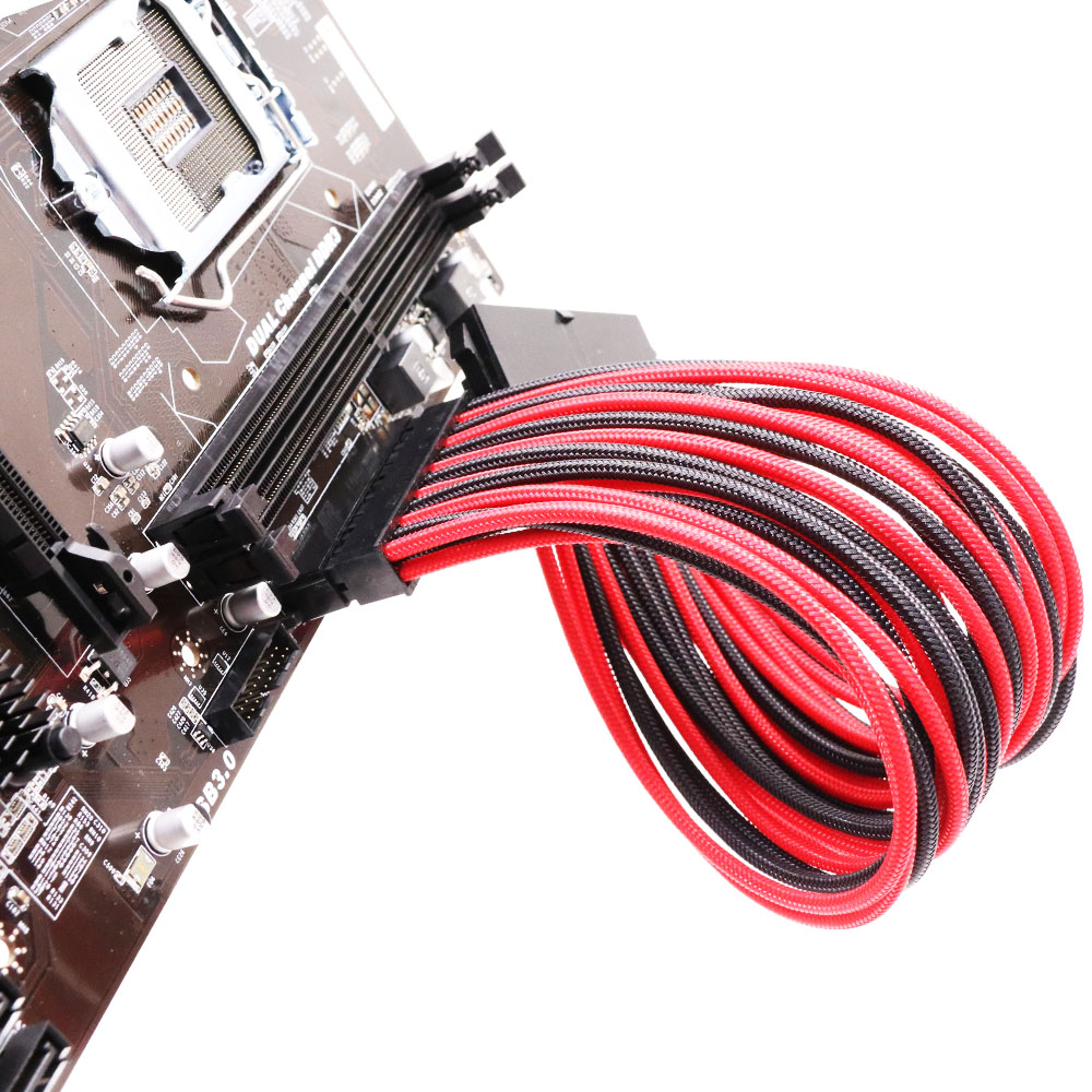 Black & Red Sleeved 24Pin ATX Female to Male PSU Power Extension Cable 18AWG