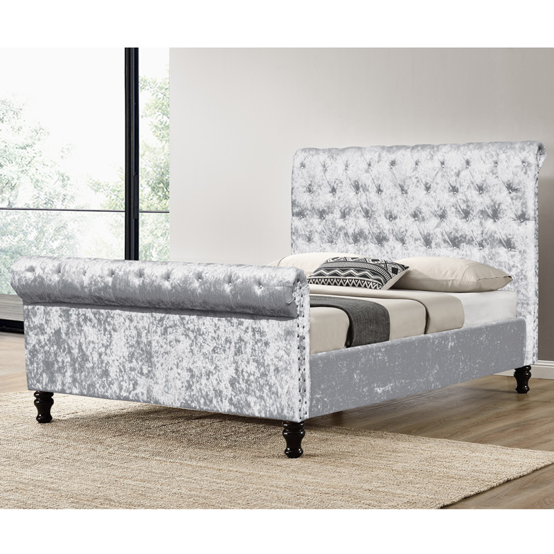 Silver Black Upholstered Bed Frame Crushed Velvet Fabric Bed Diamond Buttons King Size