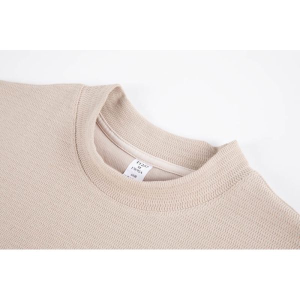 Minimalist Textured Double-Knit Tee Shirt with Relaxed Boxy Fit in Sand Beige