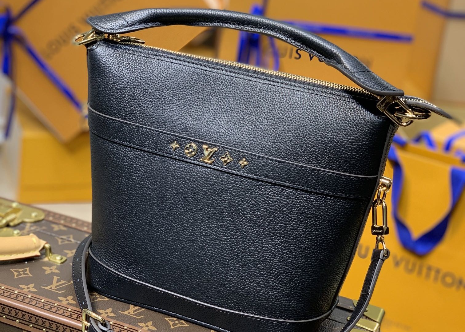Small Genunie Black Printing Linning 25cm Cowhide Bucket Bag Handhold