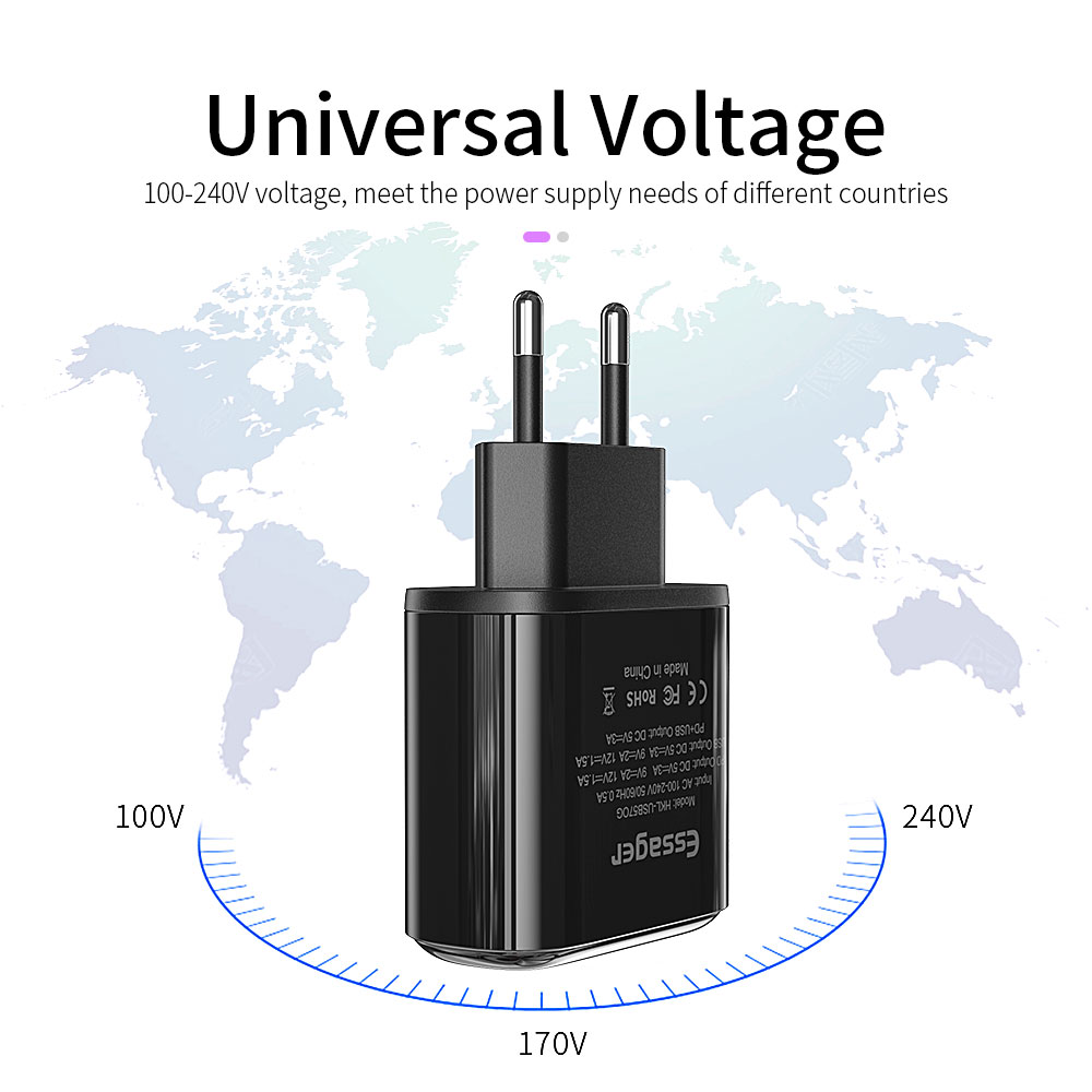 Essager 2021 Shining LED Display 3A Fast Charger USB Type Charger Cable USB PD QC3.0 Mobile Phone Charger