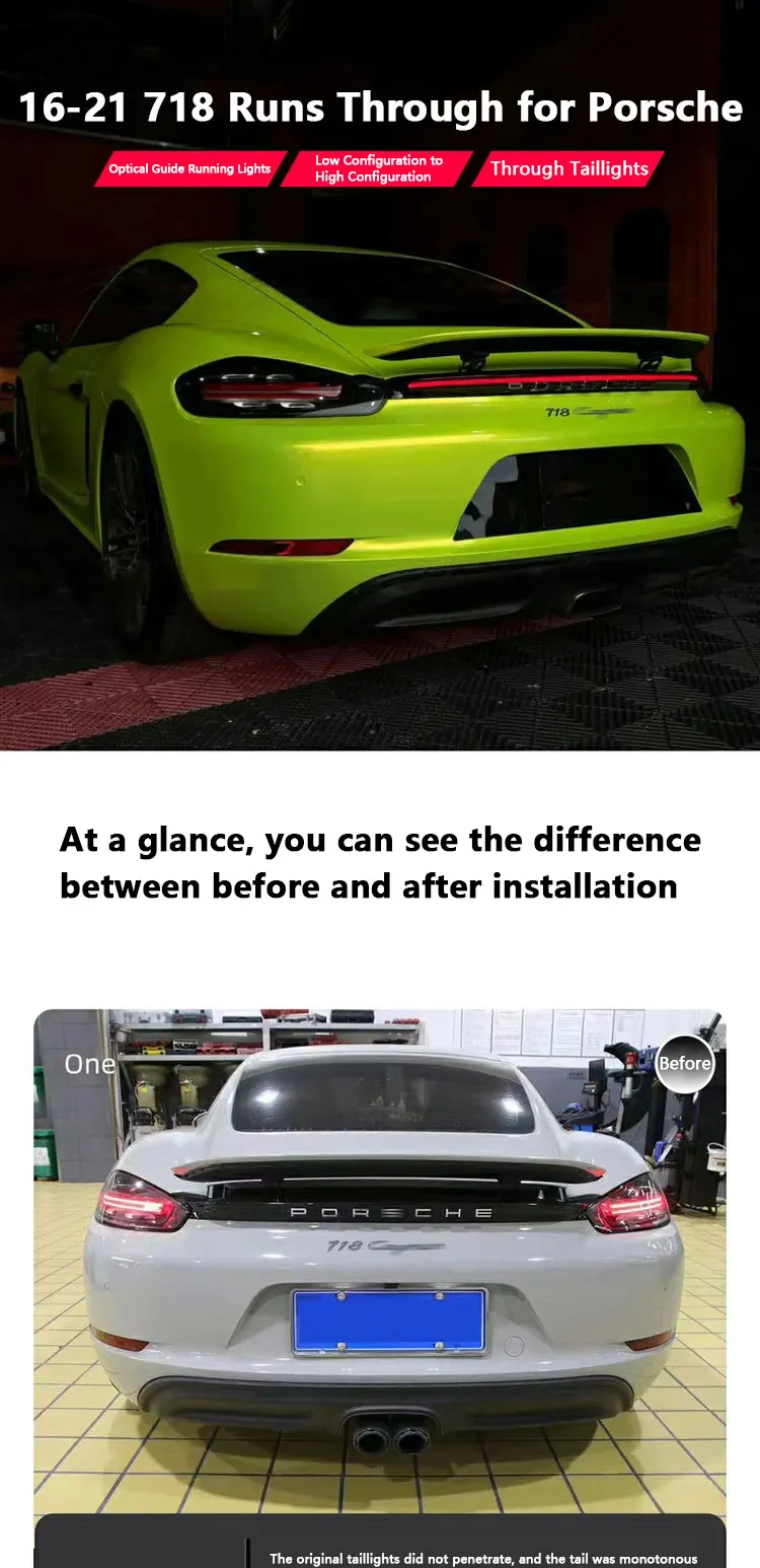 16-21 718 Through Tail Lights For Porsche Cayman Boxster Modified With LED Rear Running Lights