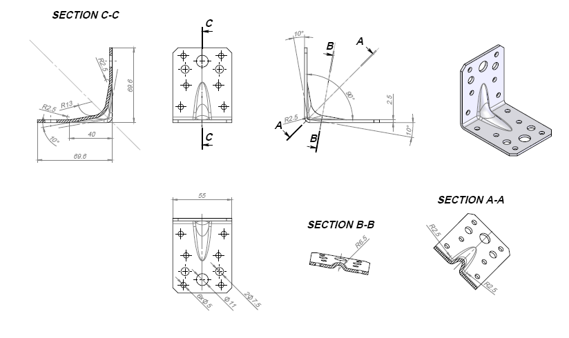 Standard 90 x 90 x 65 Angle Rib Construction Metal Bracket Heavy Duty Beading Connector