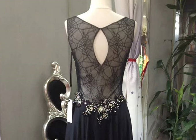 Sleeveless Black A Line Ball Gown Top Lace Yellow Beading See Through Back