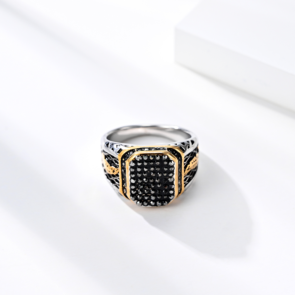 Black 18k Gold Plated Mens Ring Jewelry Gemstone Stainless Steel Men Rings Custom