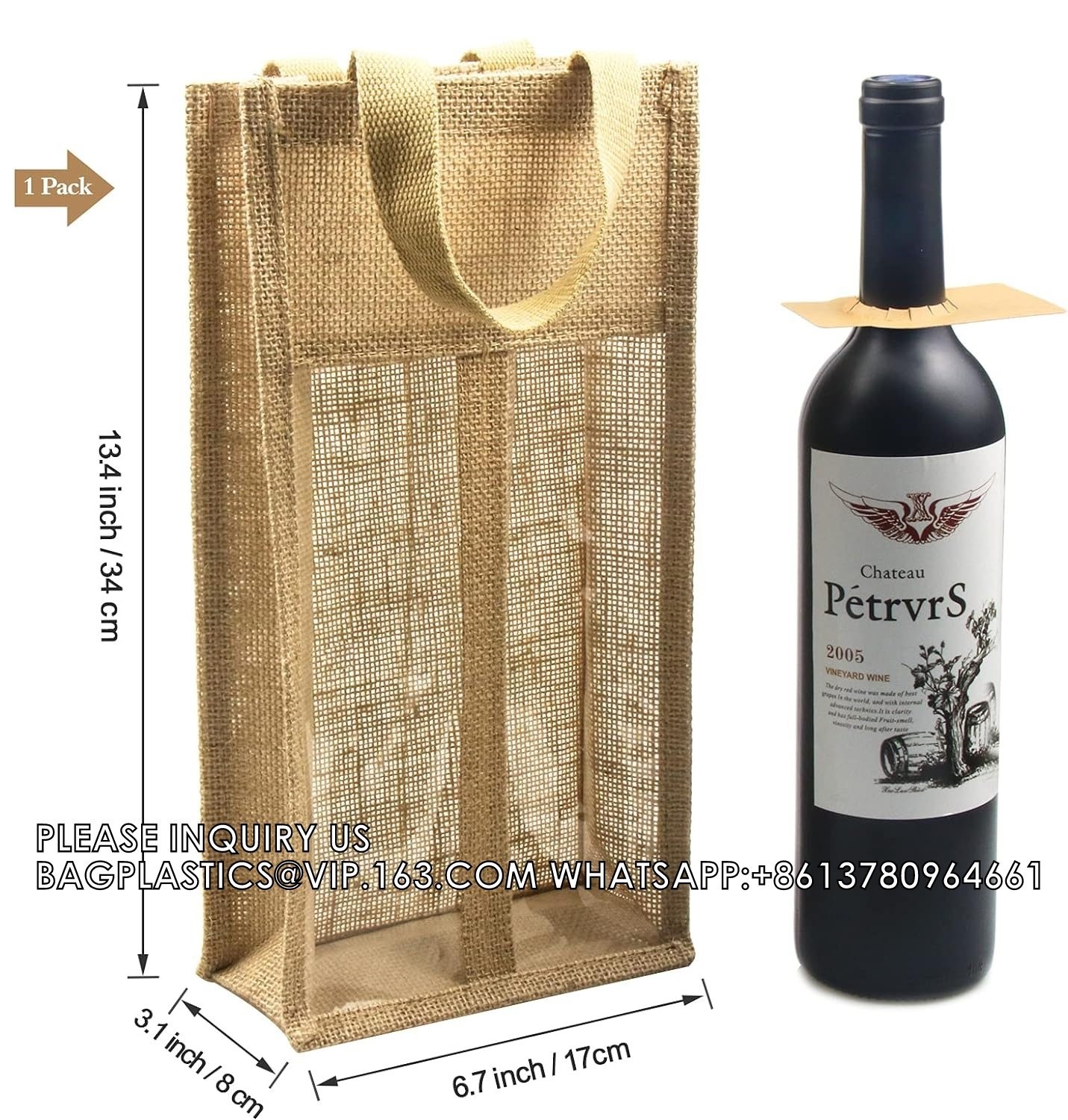 Double Window Two Bottles Burlap Jute Wine Bottle Bag Wedding, Party Favors, Christmas, Holiday And Wine Tasting