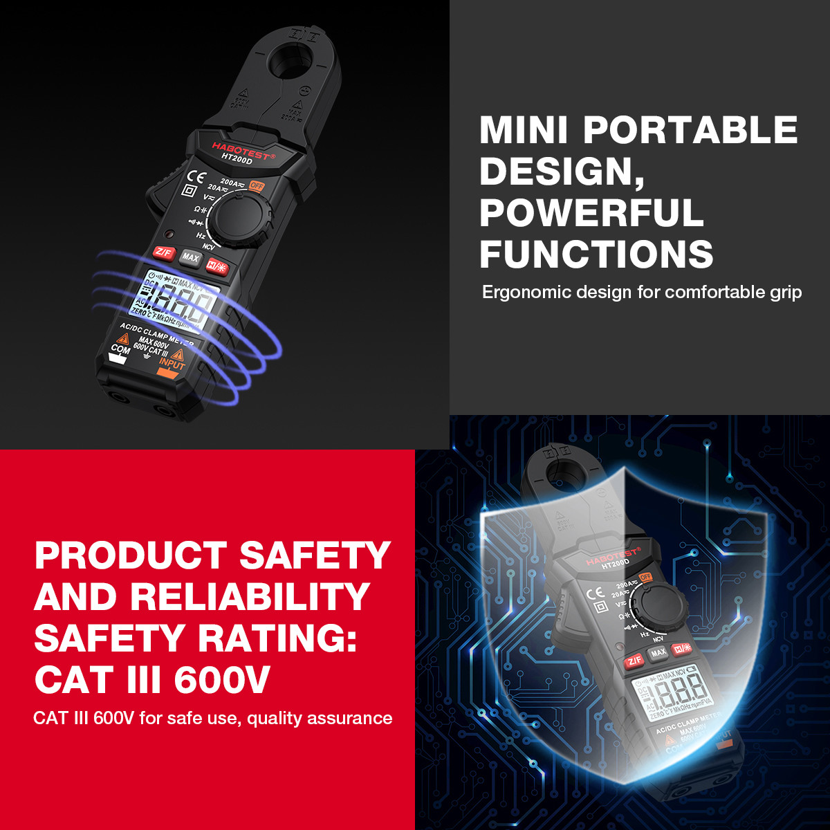 HT200D Clamp Meter DC/AC Current Voltage Digital Clamp Meter Measure Frequency Of Resistance Capacitance NCV Test