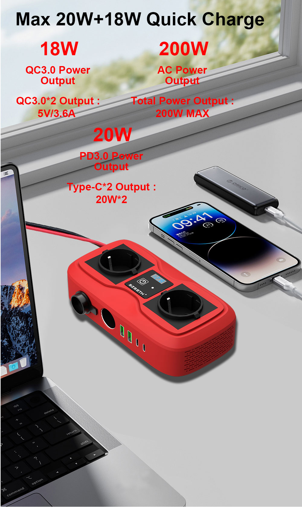 SDK Network SZSSTH DC 12V To 220V 230V 240V AC 2AC Outlet 2USB Port 200W Socket GaN PD Fast Charger Car Power Inverter