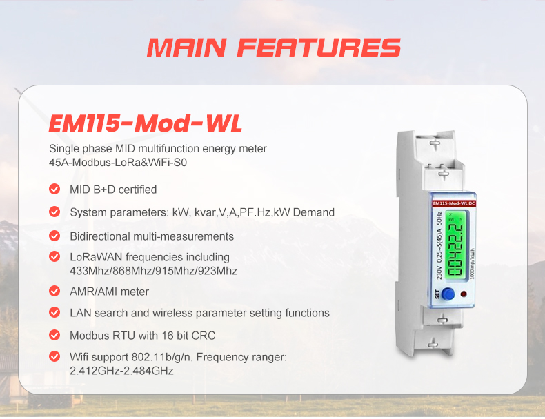 Single Phase Wifi Energy Meter EM115-Mod-WL DC 230V 45A for Energy Monitoring