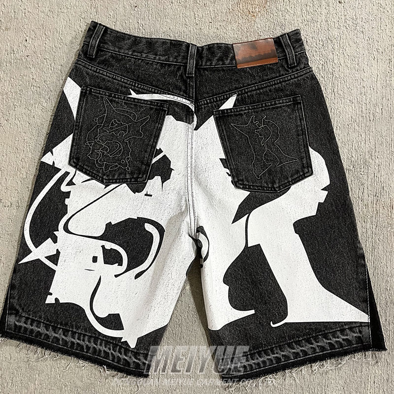 Custom Jogger Puff Print Applique Embroidery Raw Hem Logo Streetwear Baggy Distressed Black Washed Denim Jeans Shorts for Men