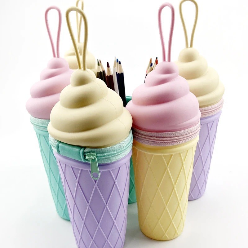 Cute Ice Cream Silicone Pencil Pen Case Pencil Pouch Stationery Pen Holder For Students School Supplies Christmas Gift