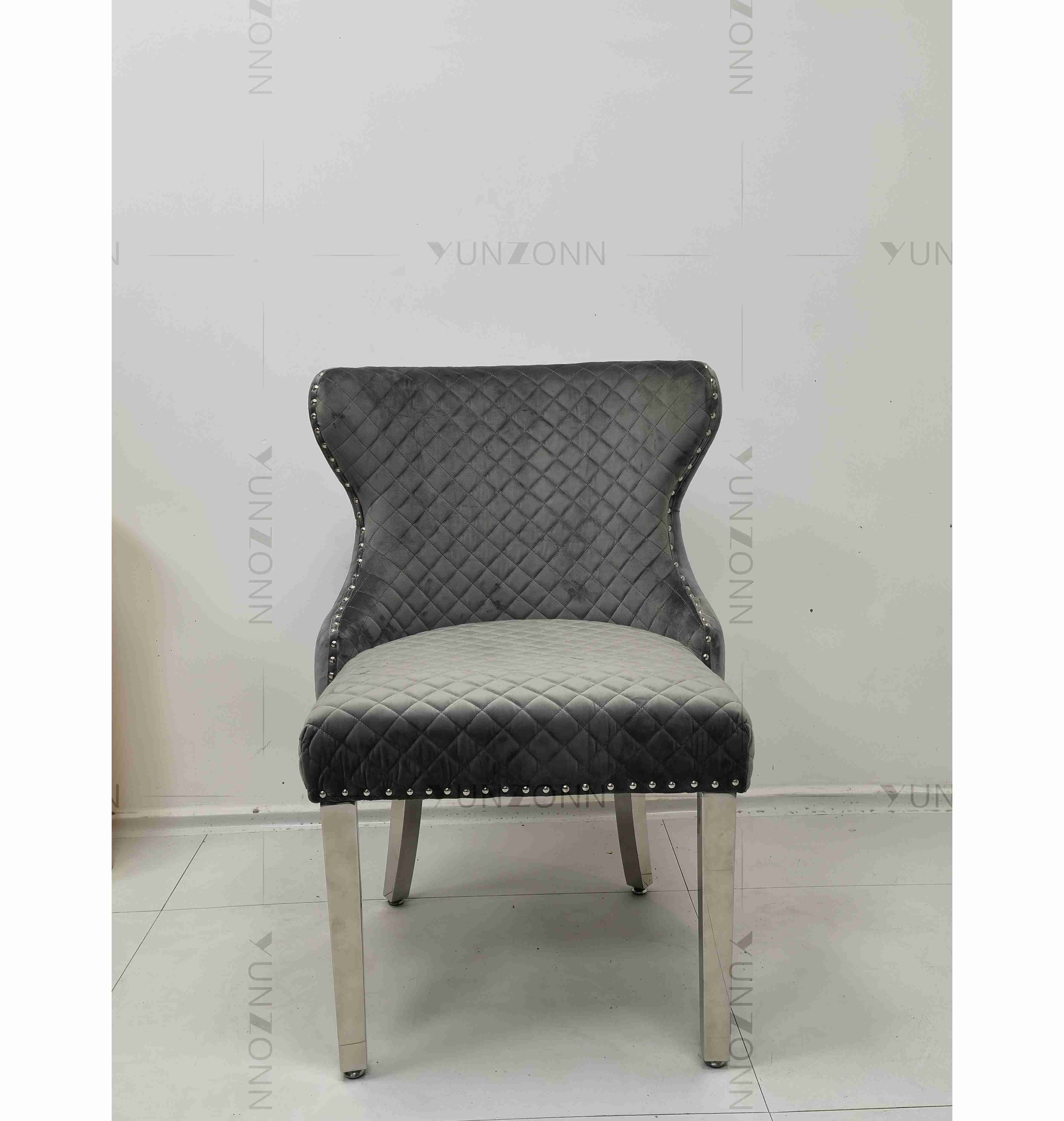 Gray Power Lion Buttoned Back Dining Chair Padded Dining Room Chairs Silver Stainless Steel Legs