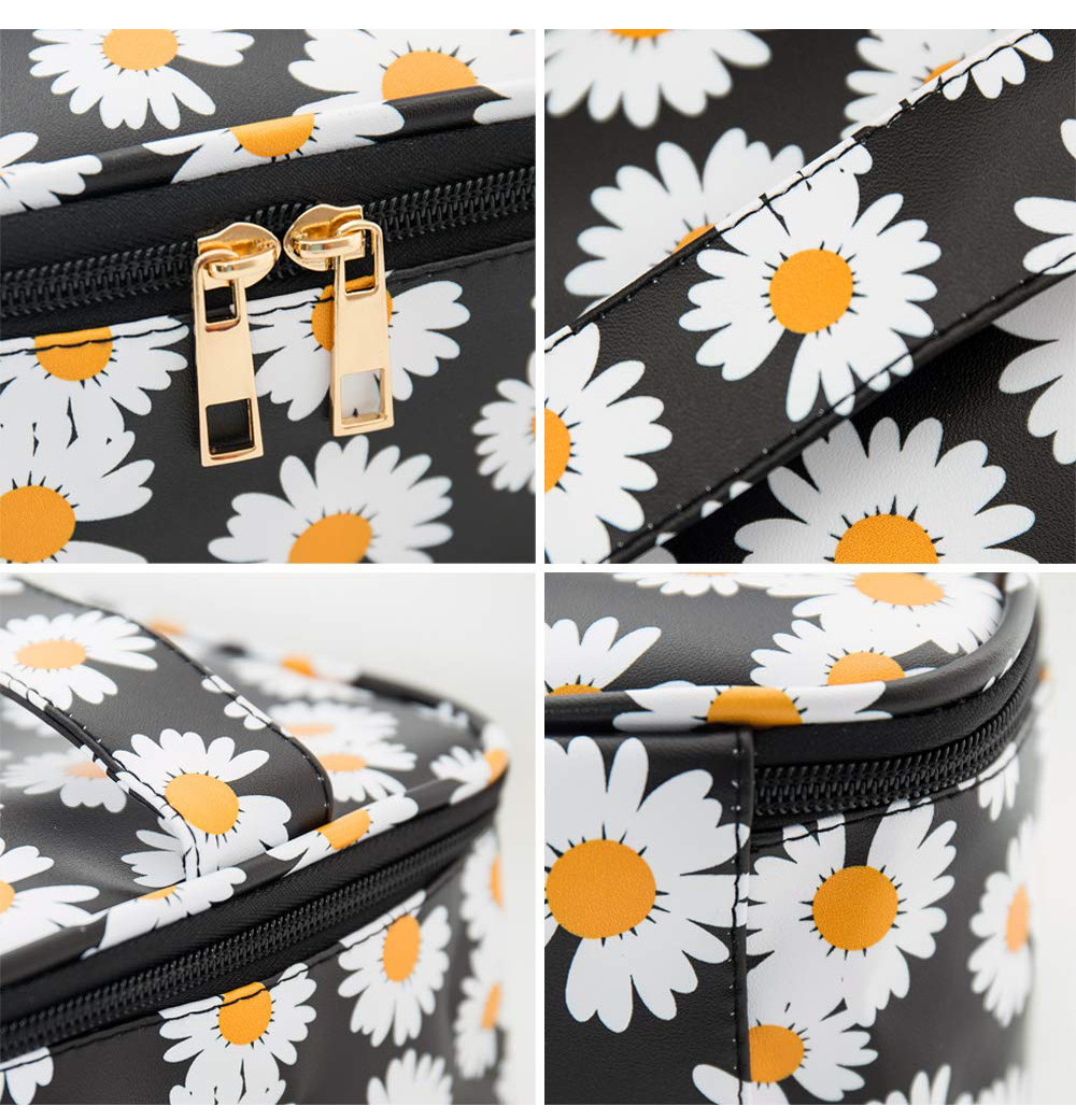 3 Pack Daisy Print PU Leather Cosmetic Bag Set For Women