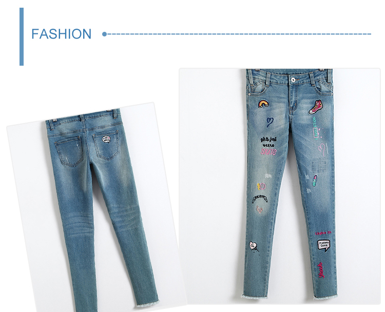 Stretch Girls Denim Clothes Jean Trousers With Custom Color Printed Embroidered Patch