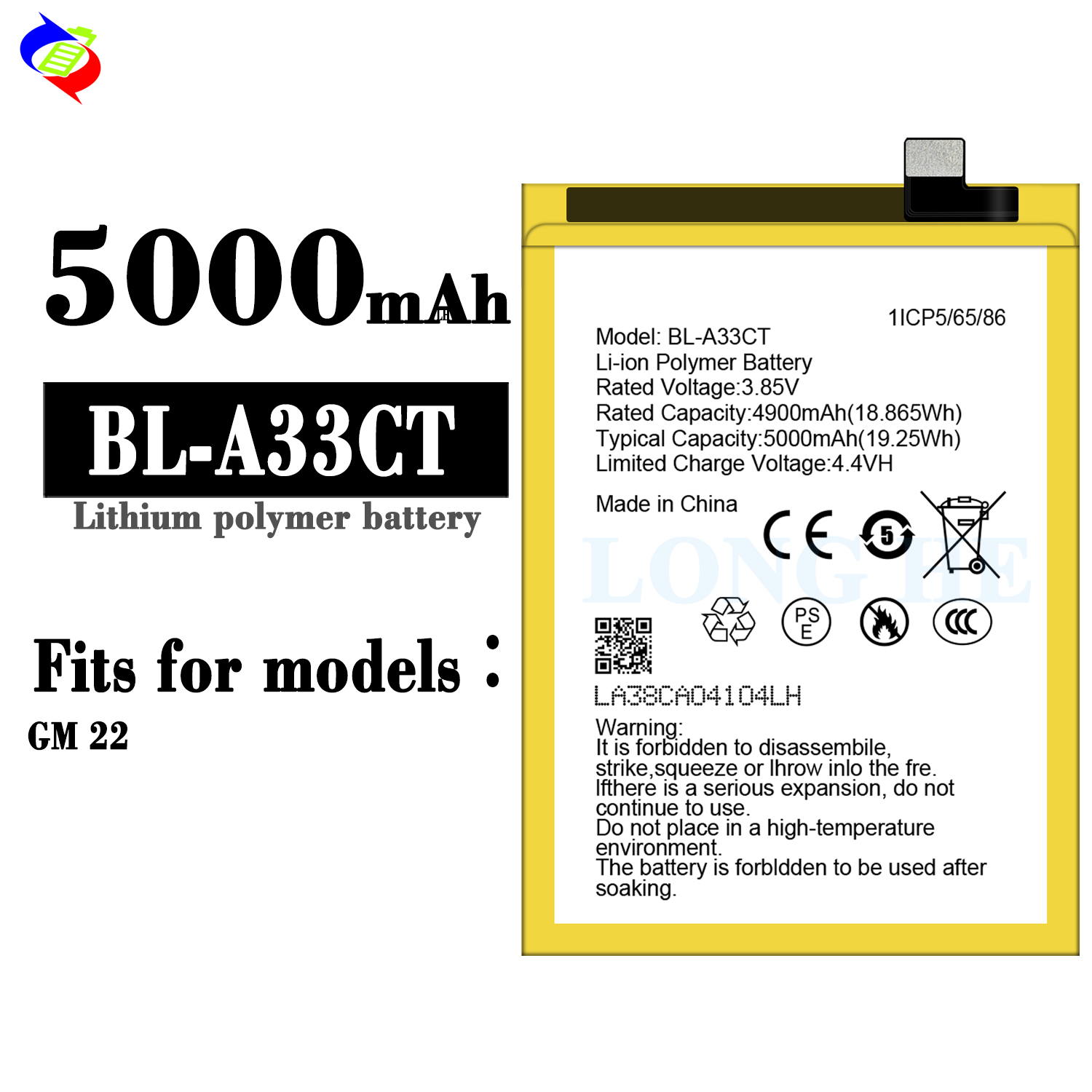 5000mAh 3.85V Rechargeable Li-ion Polymer Battery BL-A33CT for Mobile Phone General Mobile GM22