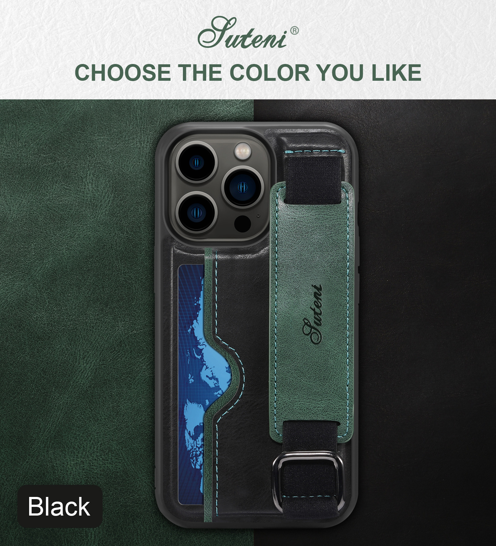14 Pro Max Mobile Phone Case with Wrist Strap Stand and Card Slot in Green PU Leather