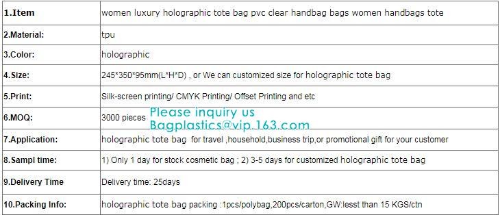 Neon Rainbow Hologram PVC Tote Bag custom holographic handbag PVC handle beach bag,Cosmetic Makeup Travel Pouch,Zipper
