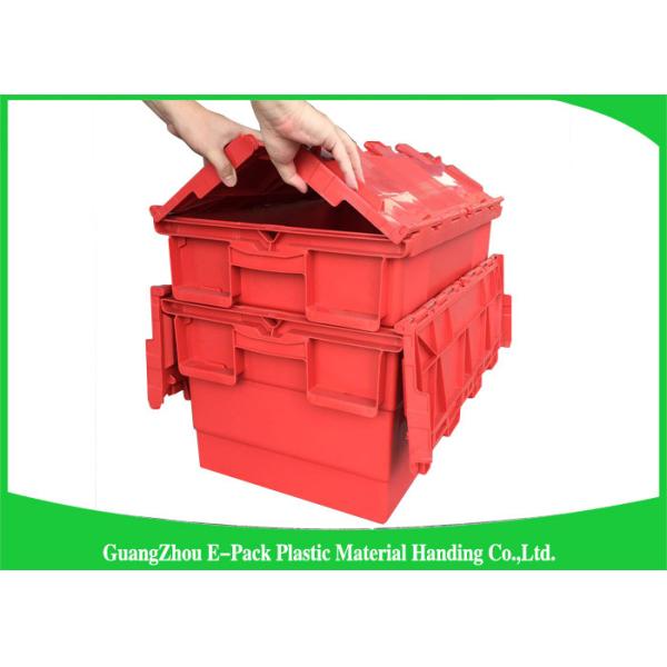 Nestable heavy duty plastic storage containers with attached lids stackable