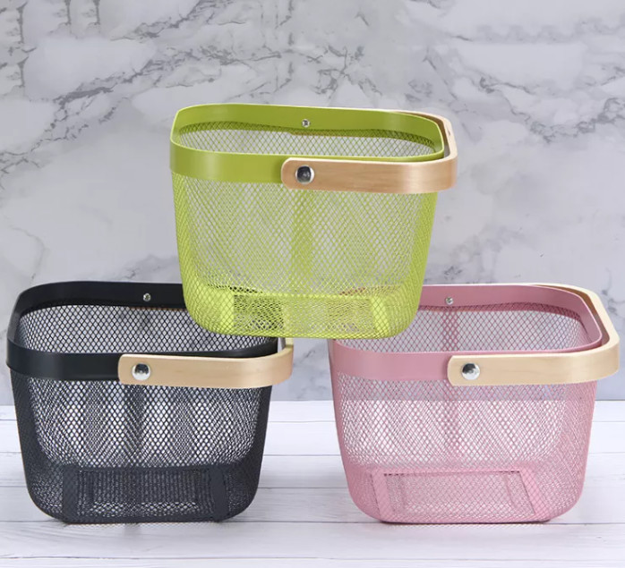 Sustainable Wire Mesh Storage Baskets With Wood Handle