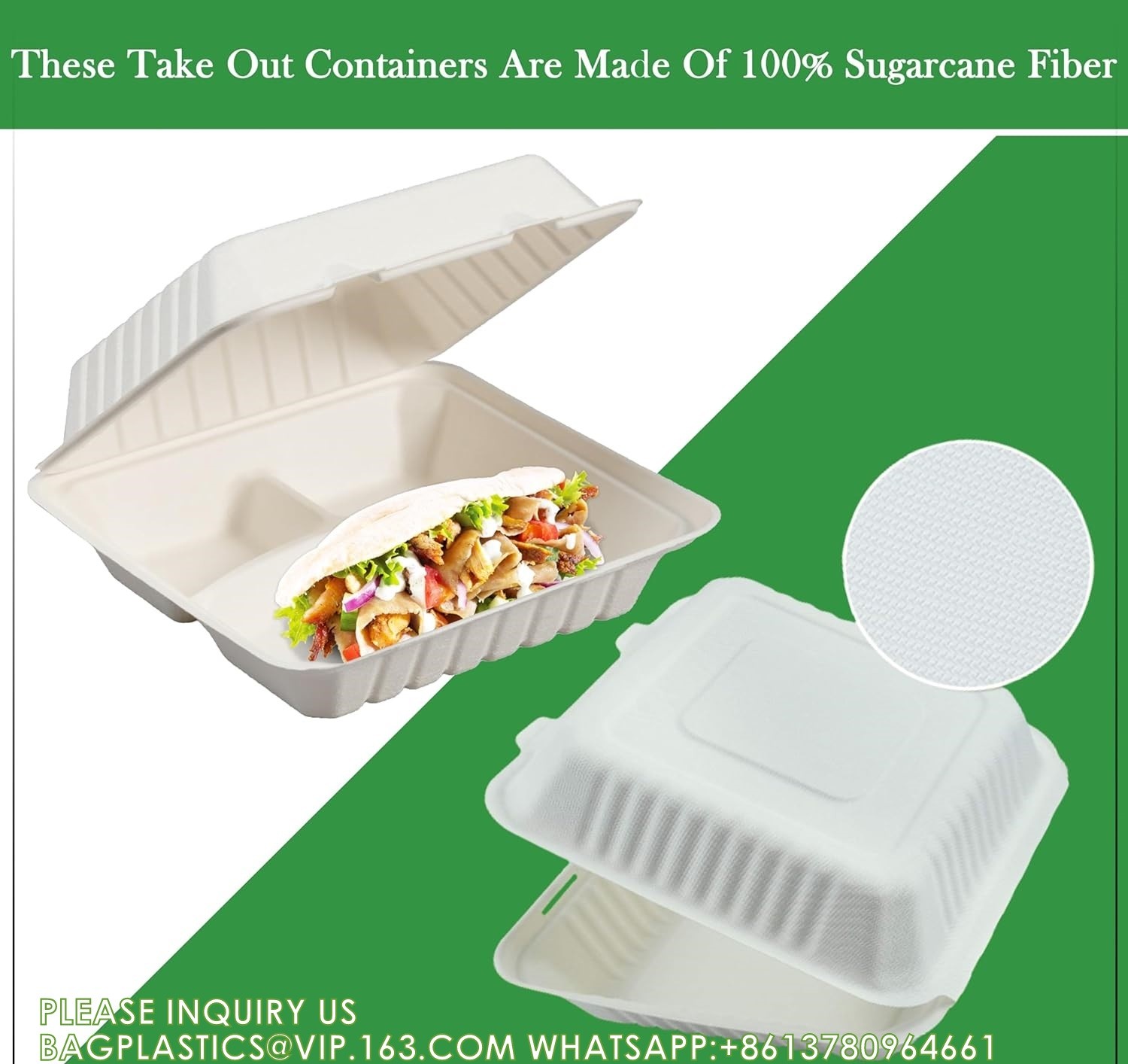 100% Compostable 3 Comp Take Out Food Containers Containers, Natural Disposable Bagasse, Eco-Friendly Biodegrad