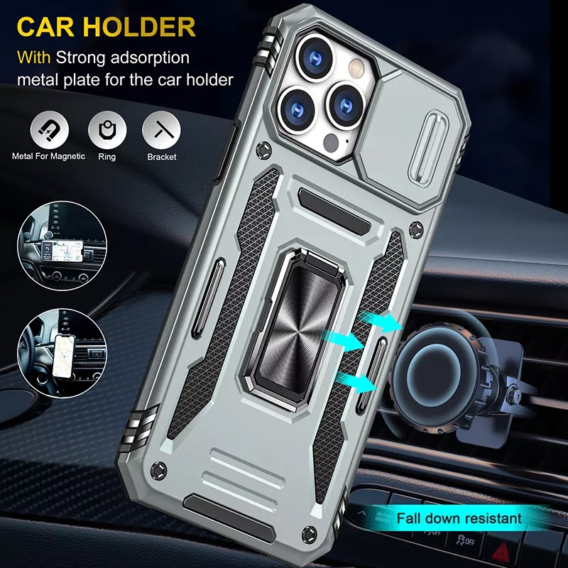 Kickstand Slide Camera Antishock Phone Back Cover For Iphone 13 14 Pro Max Phone Case With Ring Holder Lens Cover