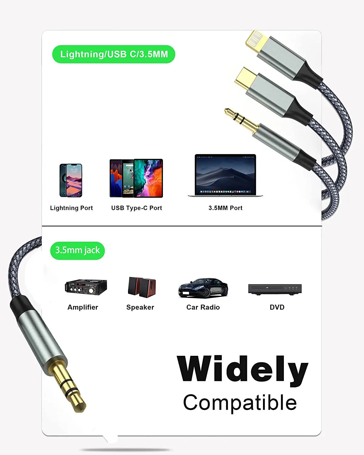 Car Audio Aux Jack Cable 3.5mm Gold 3 In 1 8pin For Samsung Iphone