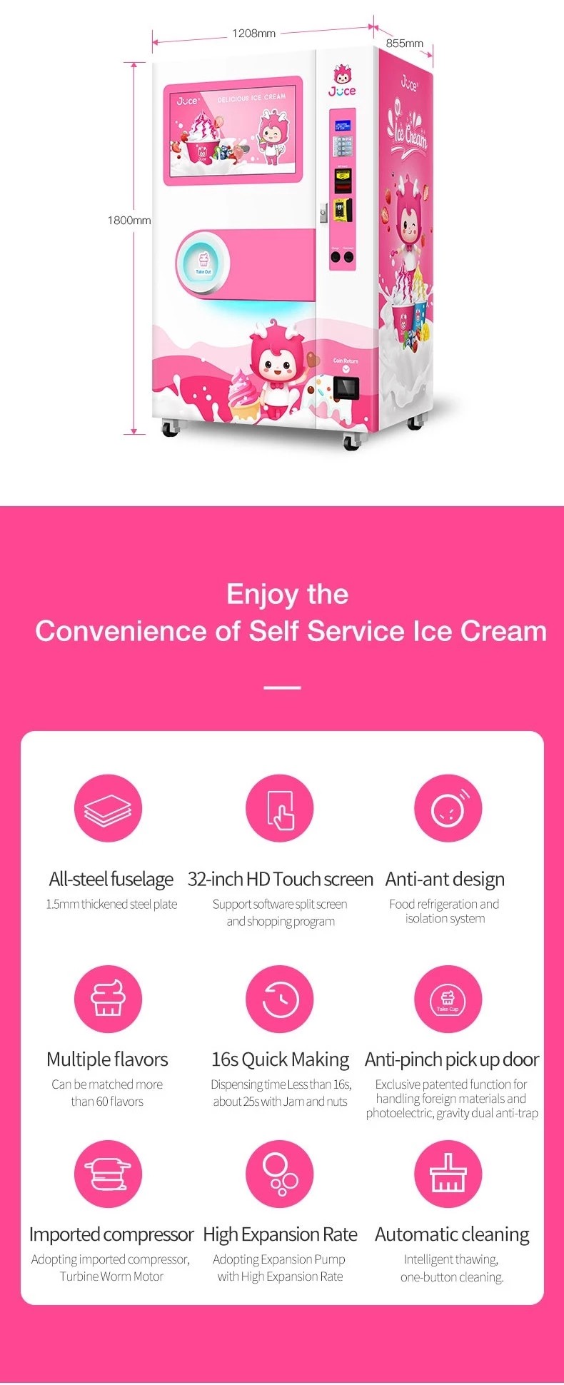 Automatic Self Service Soft Ice Cream Vending Machine For Food / Beverage Shops