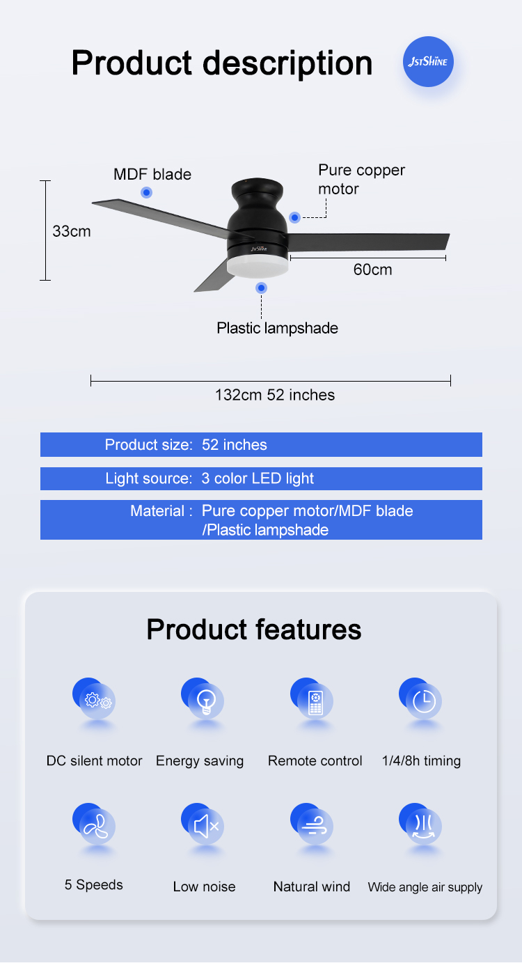 Low Ceiling Black MDF Blades Ceiling Fan with Remote Control and 1450lm Luminous Flux