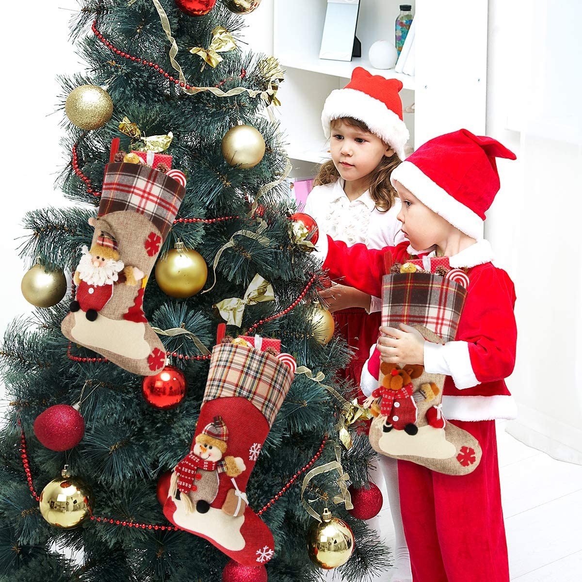 Christmas Stocking, 18" Set of 3 Santa, Snowman, Reindeer, Xmas Character 3D Plush with Faux Fur Cuff Christmas Decorati