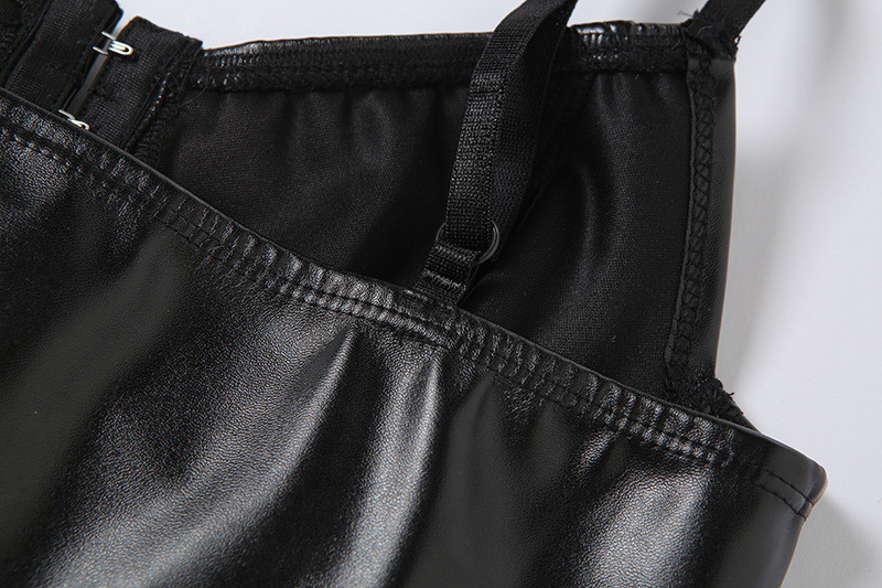 PU Low Cut Short Cropped Cami Tank Top Front Buckle Design