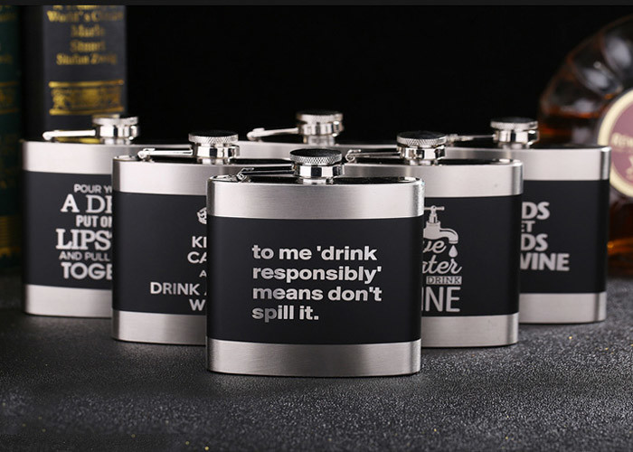 Black Kitchen Household Items 6oz Flat Stainless Steel Hip Flask Laser Lettering