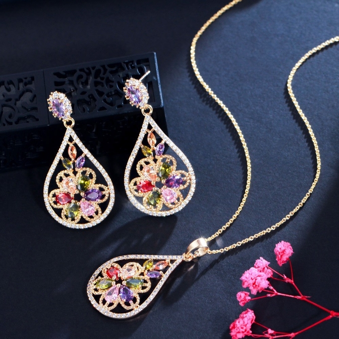Women CZ zircon pendant necklace earrings ring copper jewelry set CZ Crystal Necklace and Earring Sets