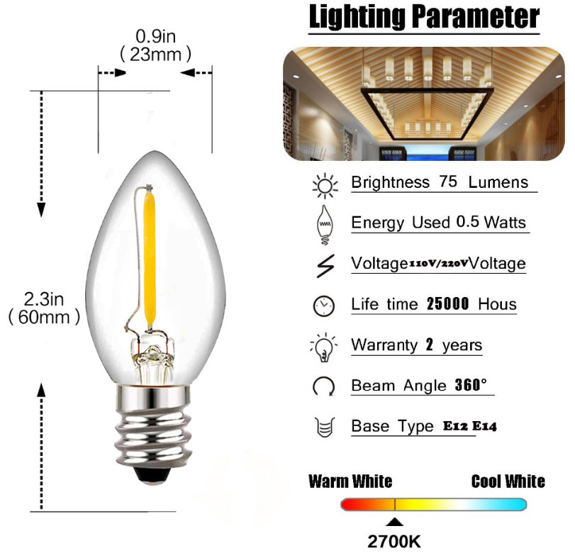 E14 E12 LED Night Light Bulb Edison Chandelier Bulbs C7 220V 2W