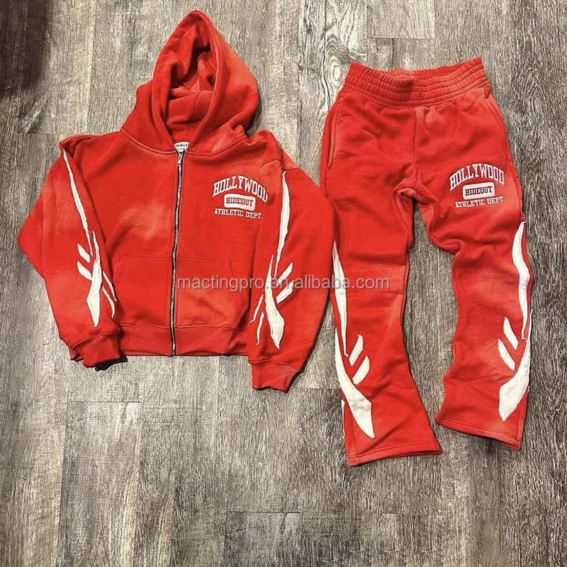Distressed Patch Embroidery Flared Sweatpants and Hoodie Set 400 grams Fabric Weight