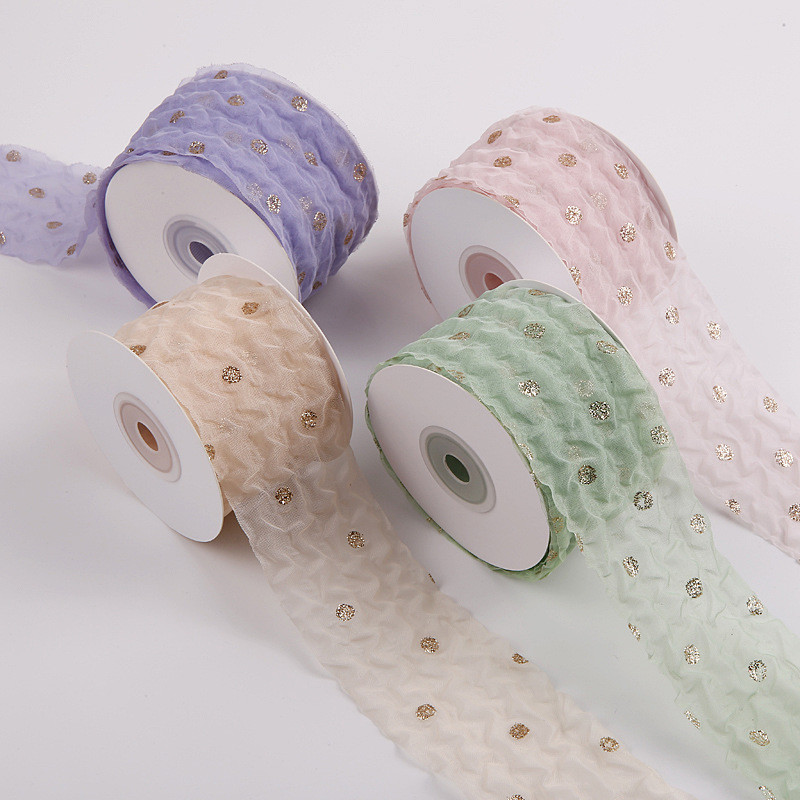 50mm Organza Ribbon With Dot Pattern Gold Foil Printed Polyester Organza Ribbon OEM Eco Friendly