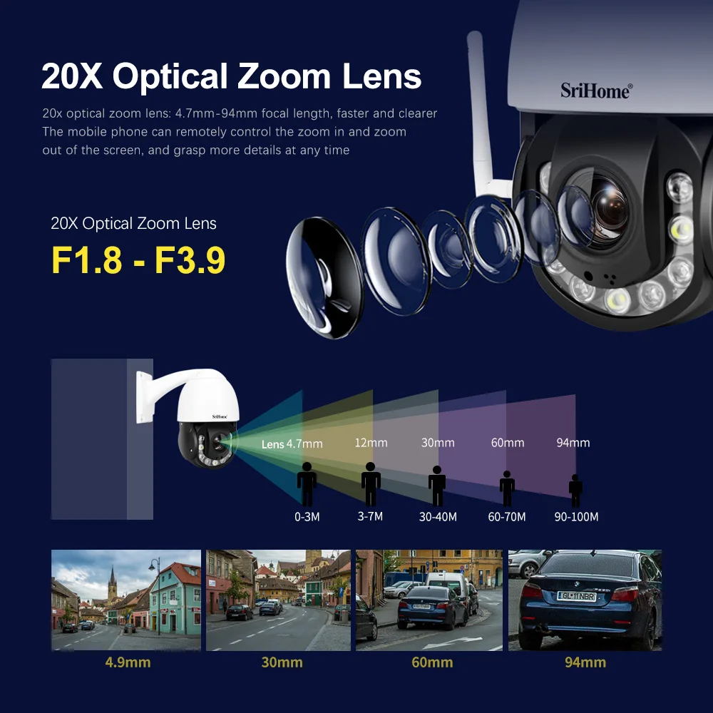 SriHome SH040 1920P Two-Way Audio NVR4.7mm~94mm 20x Optical Zoom Lens Waterproof IP66 WiFi Home Company Security Safety