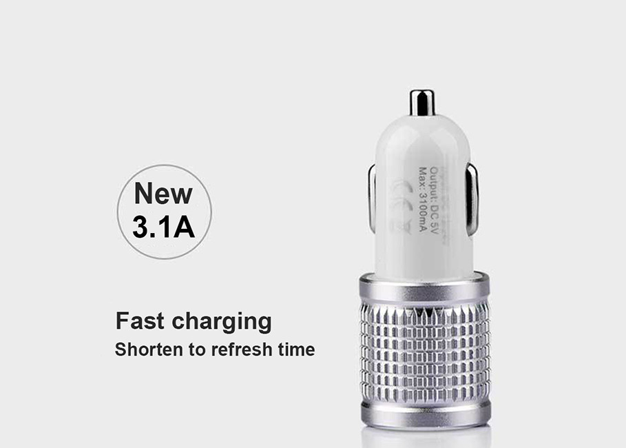 High Glossy Car Charger Adapter Aluminum Alloy Bottom Cover Led, Indicator Fast Charger 3.1A
