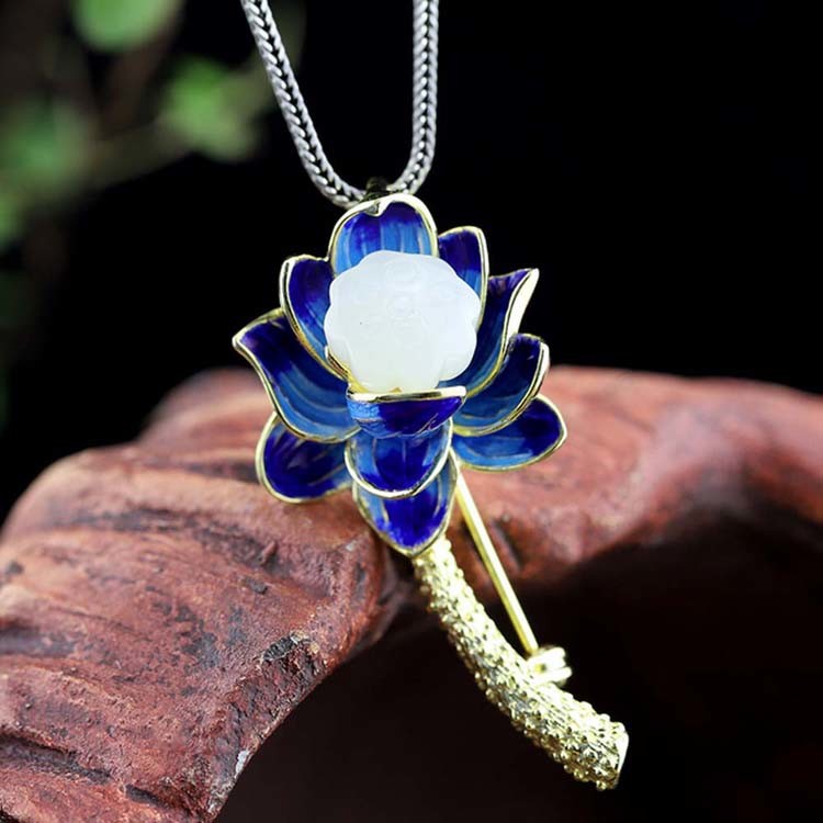 18K Gold Plated 925 Silver Enamel Lotus Flower Jade Pendant Necklace Brooch For Women(XZ81001)