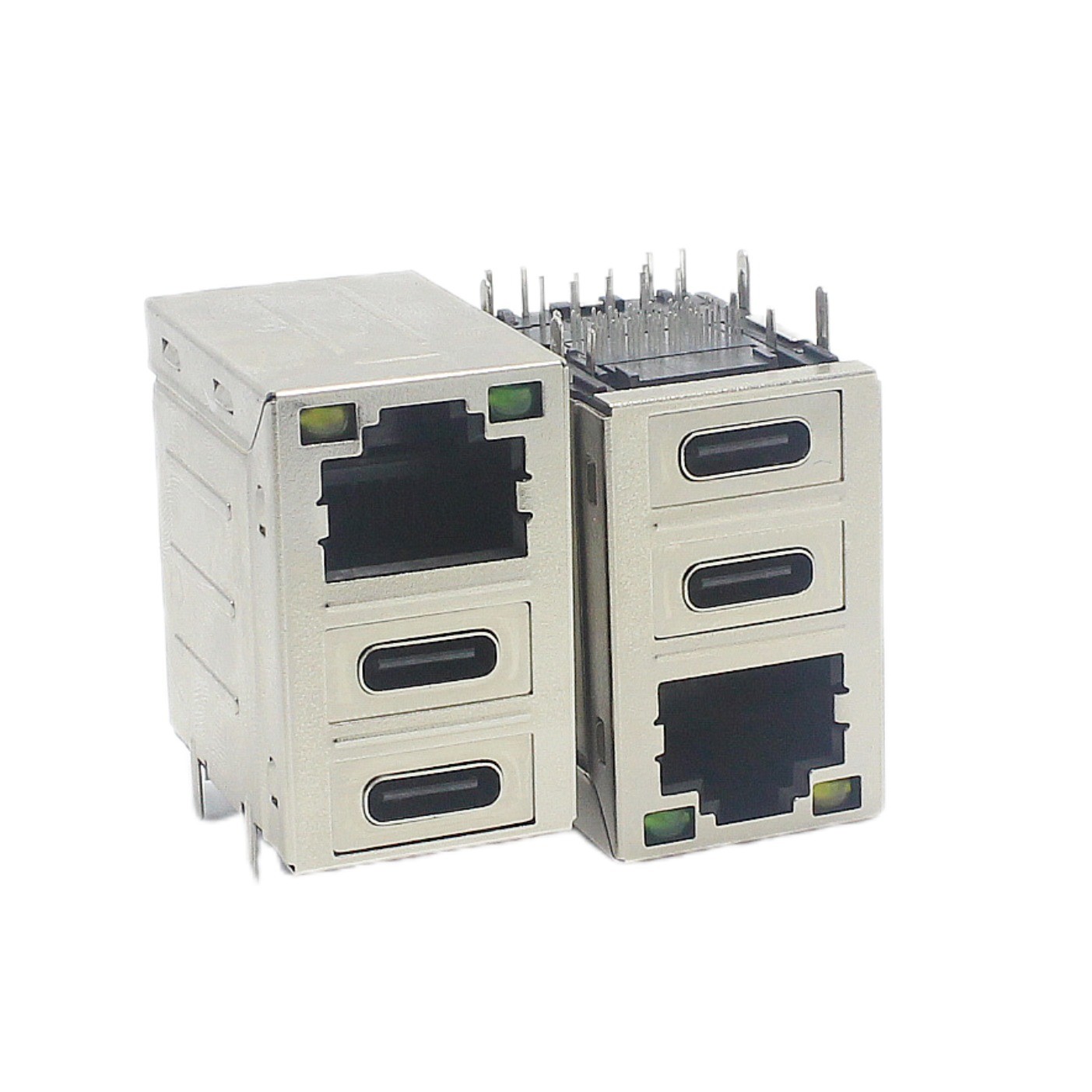 Dual Type C Stacked USB Connectors Combo PCB Shielded RJ45 Female Socket LAN Jack