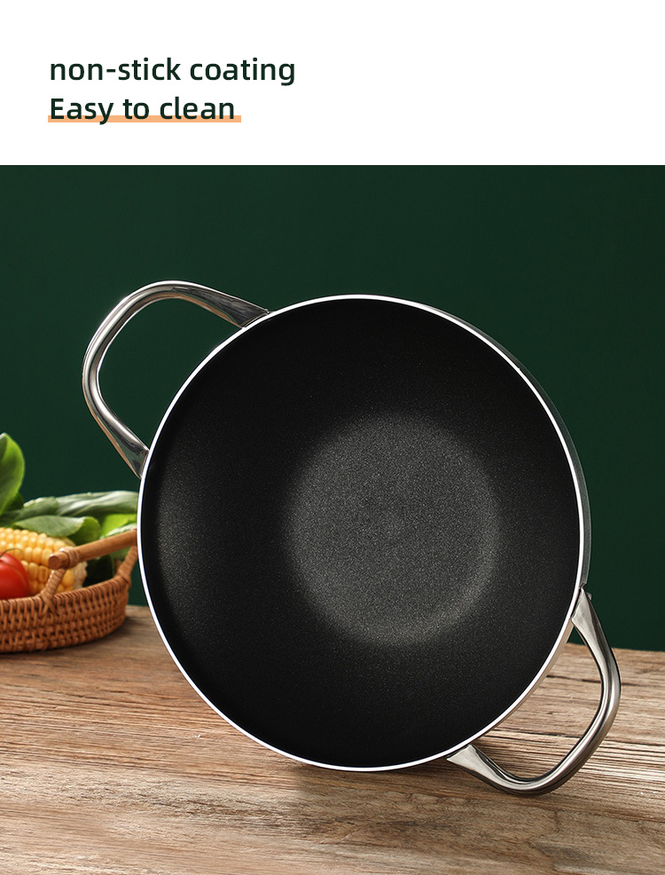 Thickened Kitchen Wok Pan Aluminium Non Stick Coated Double Ear With Steel Handles