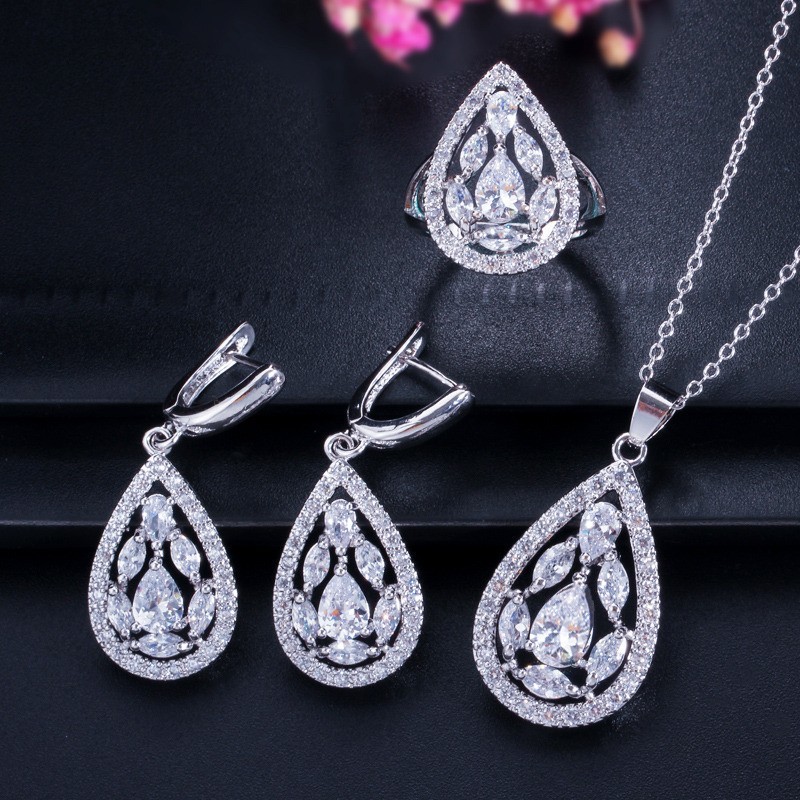 CZ charm pendant necklace dainty jewelry Water Drop Necklace and Earring Sets Big Wedding Jewelry Sets For Brides