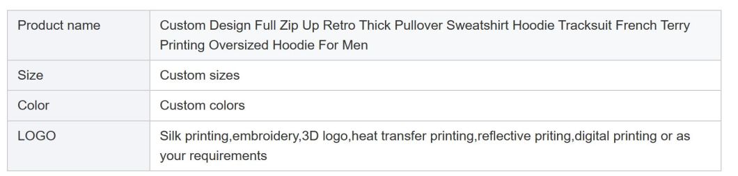 Custom Design Full Zip up Retro Thick Pullover Sweatshirt Hoodie Tracksuit French Terry Printing Oversized Hoodie for Men