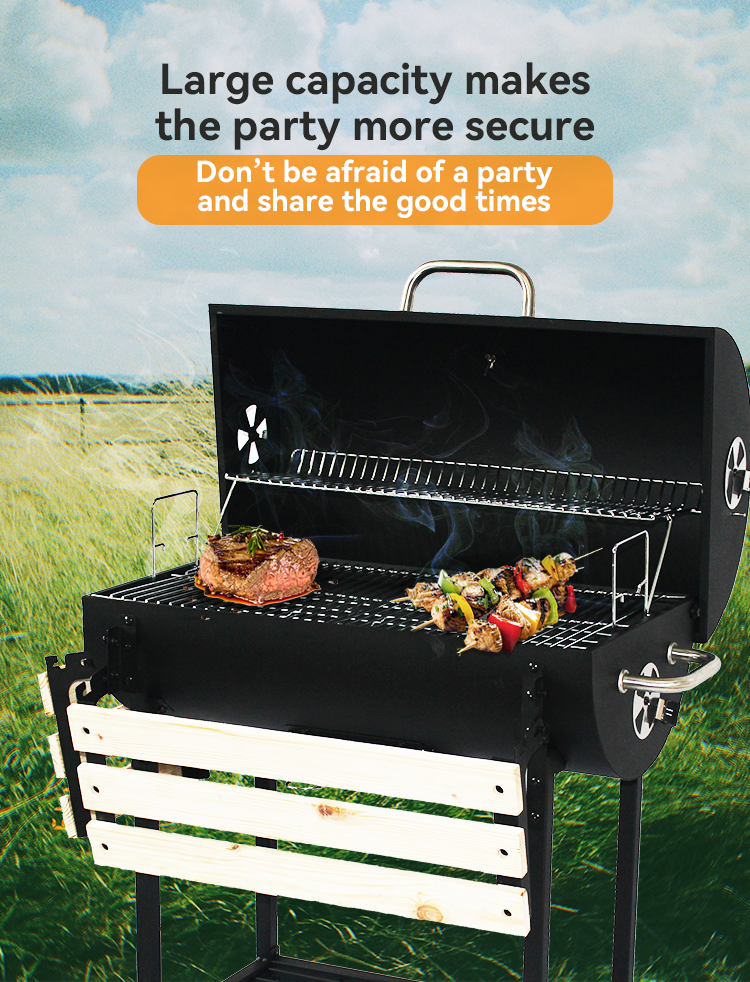 Smokeless Charcoal Grill with Flip Rotisserie and Table Commercial Outdoor Barrel BBQ