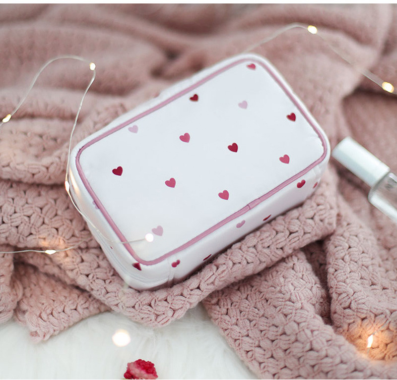 Beautiful Printed Pink Heart Satin Fabric Makeup Brush Bag With Zipper
