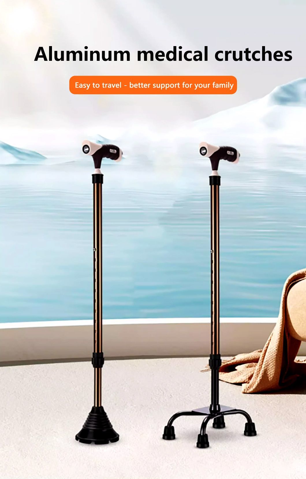 Premium Aluminum Brown Walking Cane with Quad Base for Stability